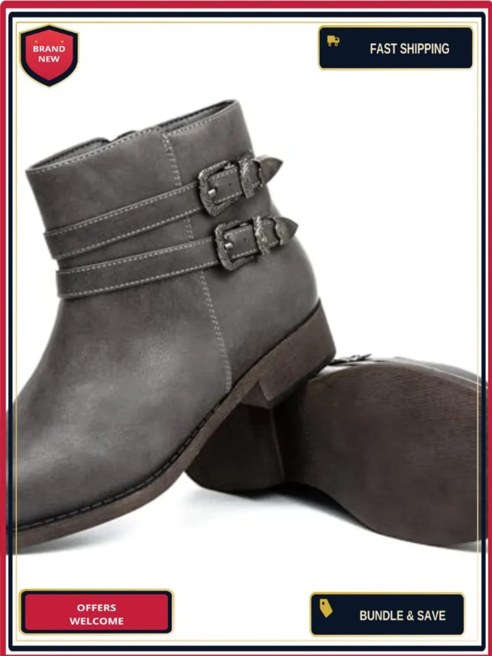 Veittes Women's Low Heel Ankle Boots Side Zipper Ankle Booties Faux Leather